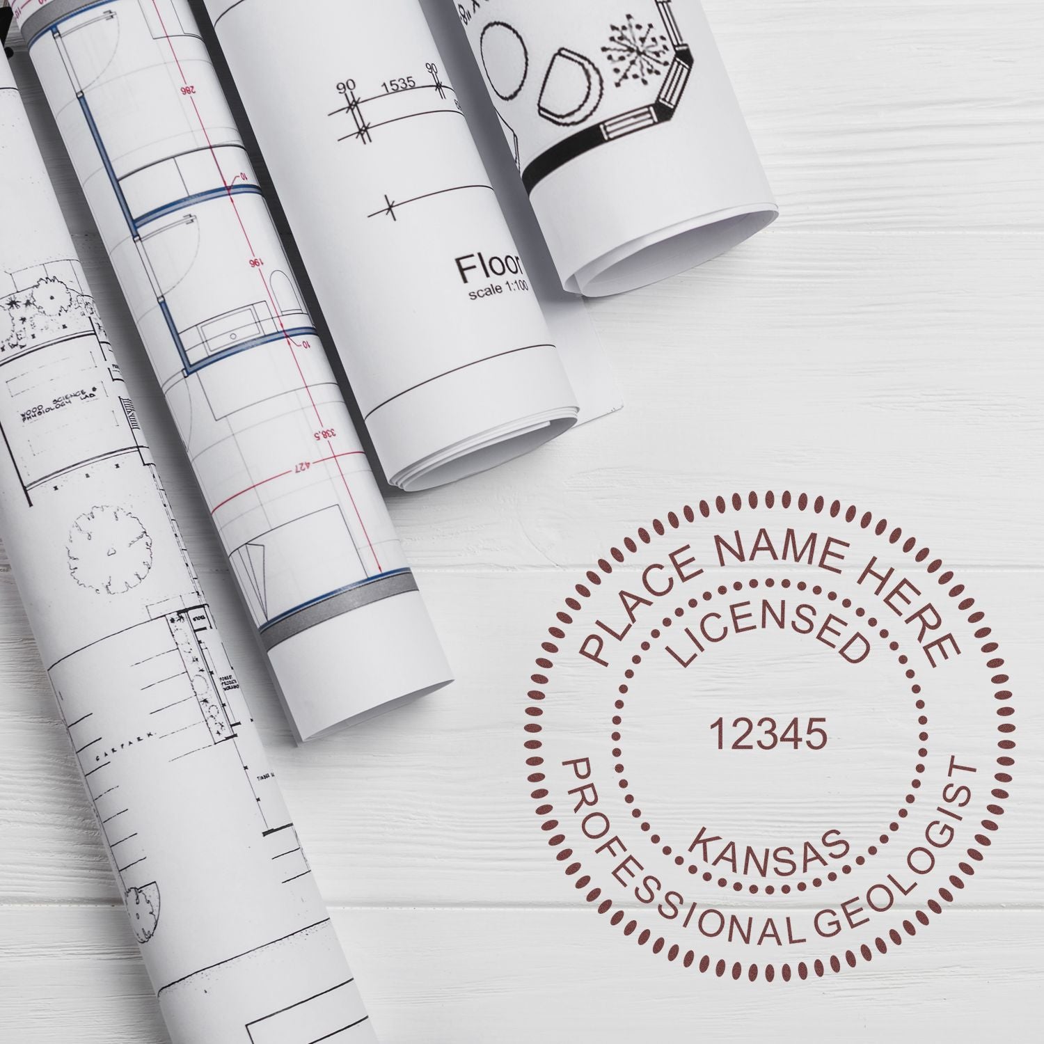 The Self-Inking Kansas Geologist Stamp stamp impression comes to life with a crisp, detailed image stamped on paper - showcasing true professional quality.