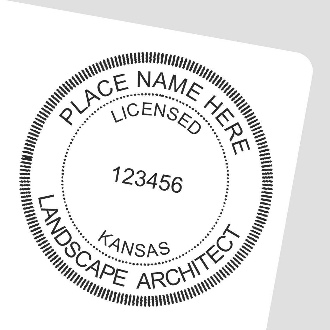 A lifestyle photo showing a stamped image of the Kansas Landscape Architectural Seal Stamp on a piece of paper
