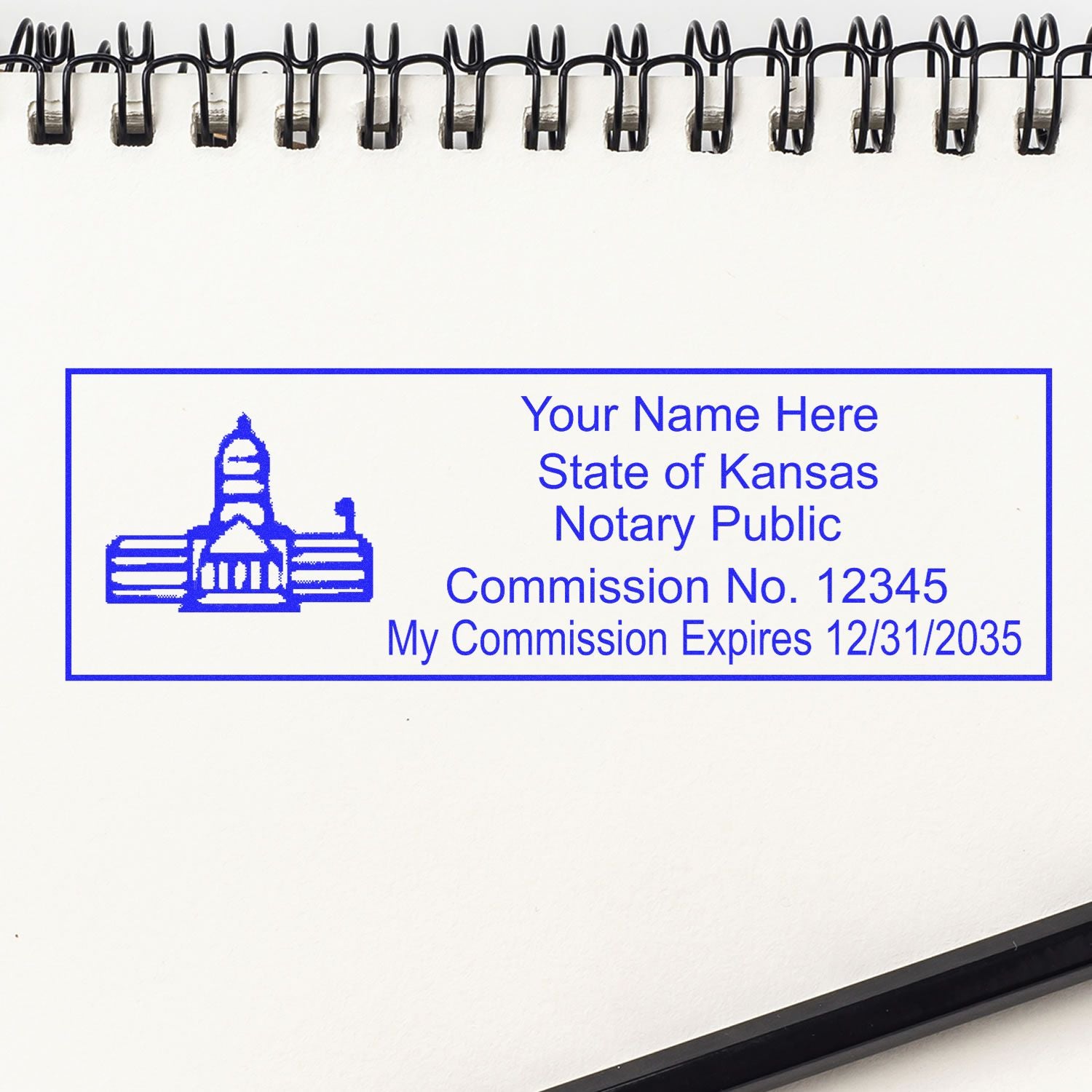 The main image for the Slim Pre-Inked State Seal Notary Stamp for Kansas depicting a sample of the imprint and electronic files
