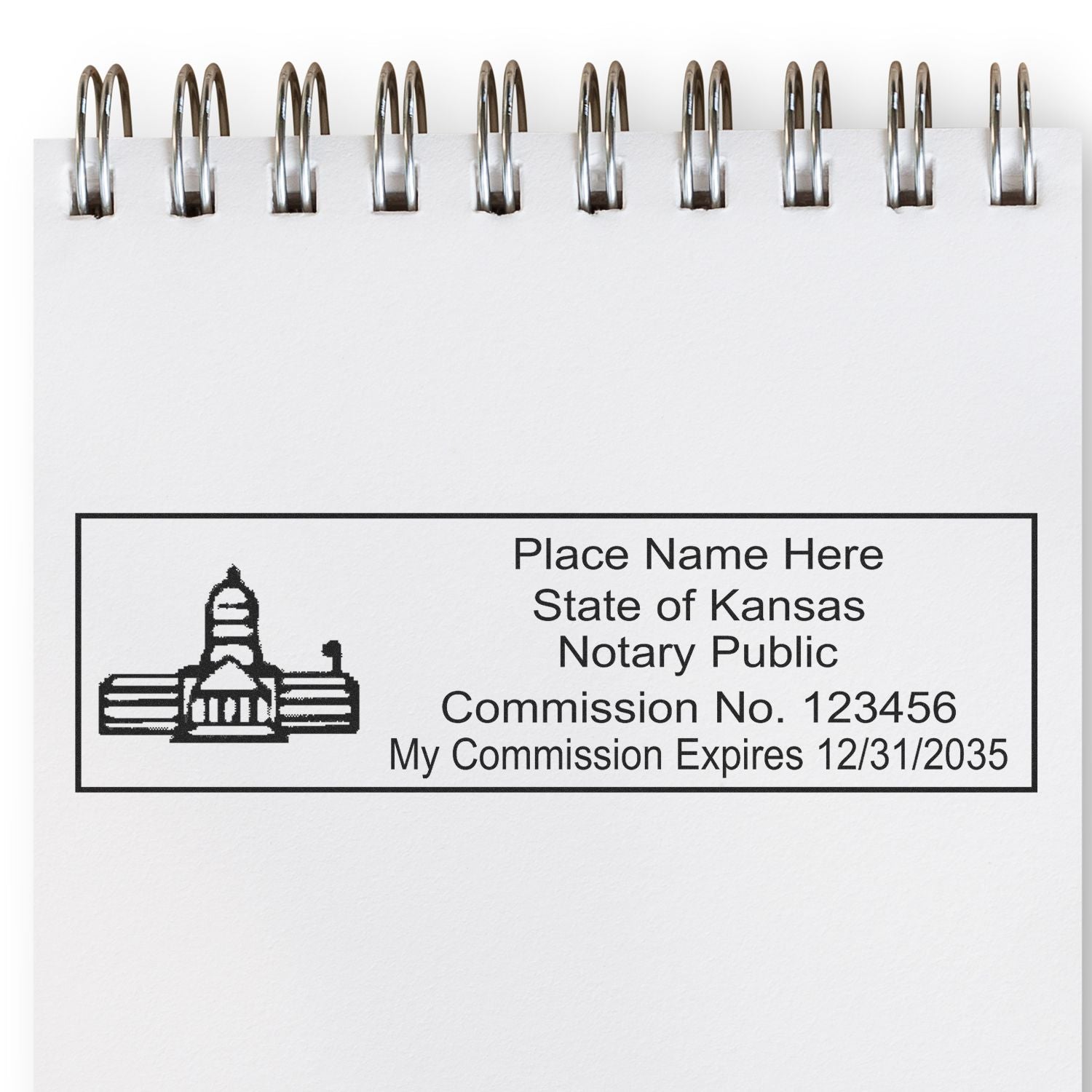 The main image for the MaxLight Premium Pre-Inked Kansas State Seal Notarial Stamp depicting a sample of the imprint and electronic files