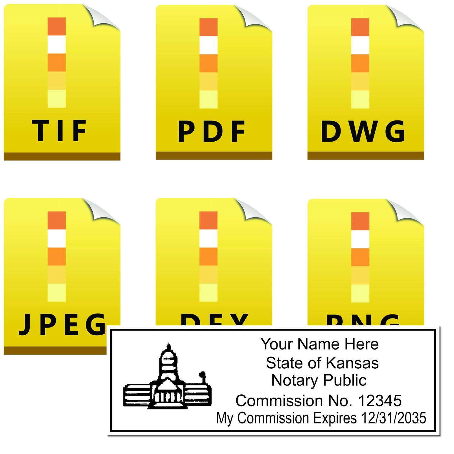 The main image for the Kansas Rectangular Digital Notary Seal depicting a sample of the imprint and electronic files