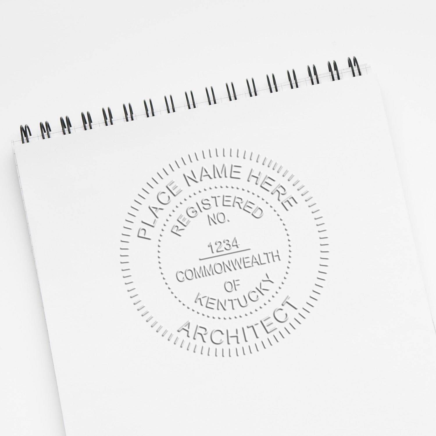 The main image for the Extended Long Reach Kentucky Architect Seal Embosser depicting a sample of the imprint and electronic files