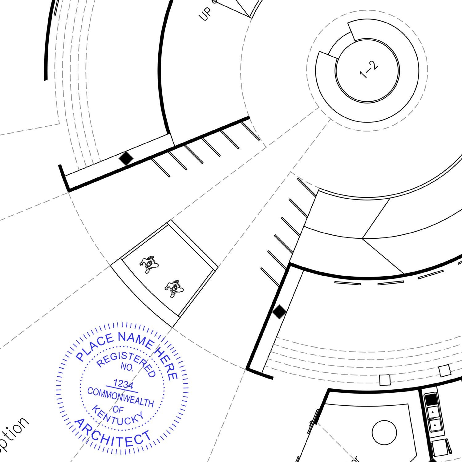 Architectural blueprint with a Kentucky Architect Seal Stamp in blue ink, showing registration details and the text COMMONWEALTH OF KENTUCKY ARCHITECT.