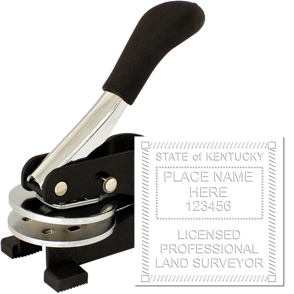 The main image for the Kentucky Desk Surveyor Seal Embosser depicting a sample of the imprint and electronic files
