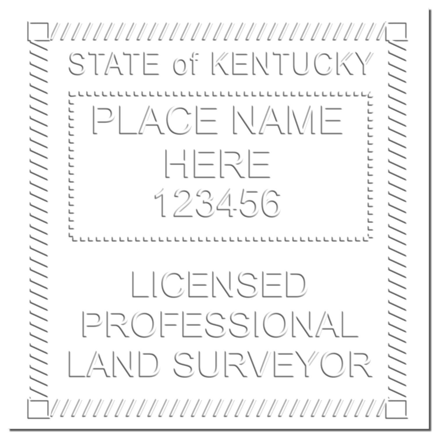 The main image for the Long Reach Kentucky Land Surveyor Seal depicting a sample of the imprint and electronic files