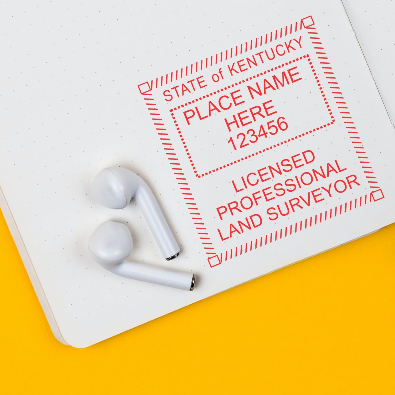 A lifestyle photo showing a stamped image of the Slim Pre-Inked Kentucky Land Surveyor Seal Stamp on a piece of paper