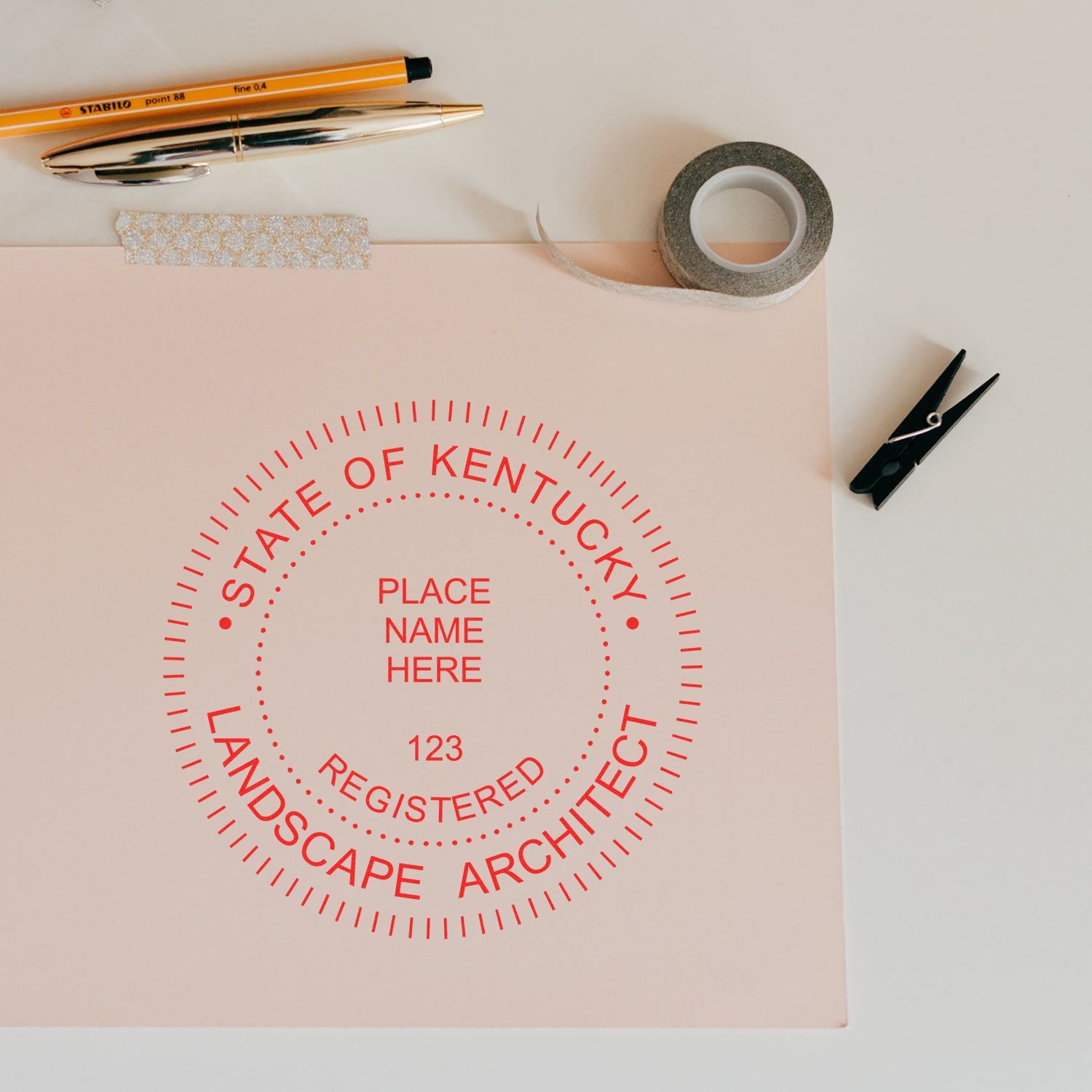 An alternative view of the Slim Pre-Inked Kentucky Landscape Architect Seal Stamp stamped on a sheet of paper showing the image in use