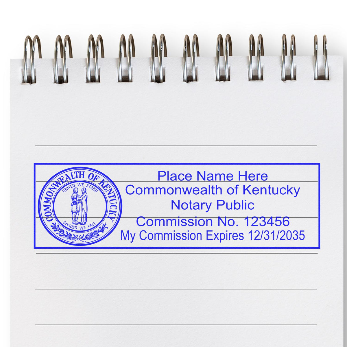 An alternative view of the Heavy-Duty Kentucky Rectangular Notary Stamp stamped on a sheet of paper showing the image in use