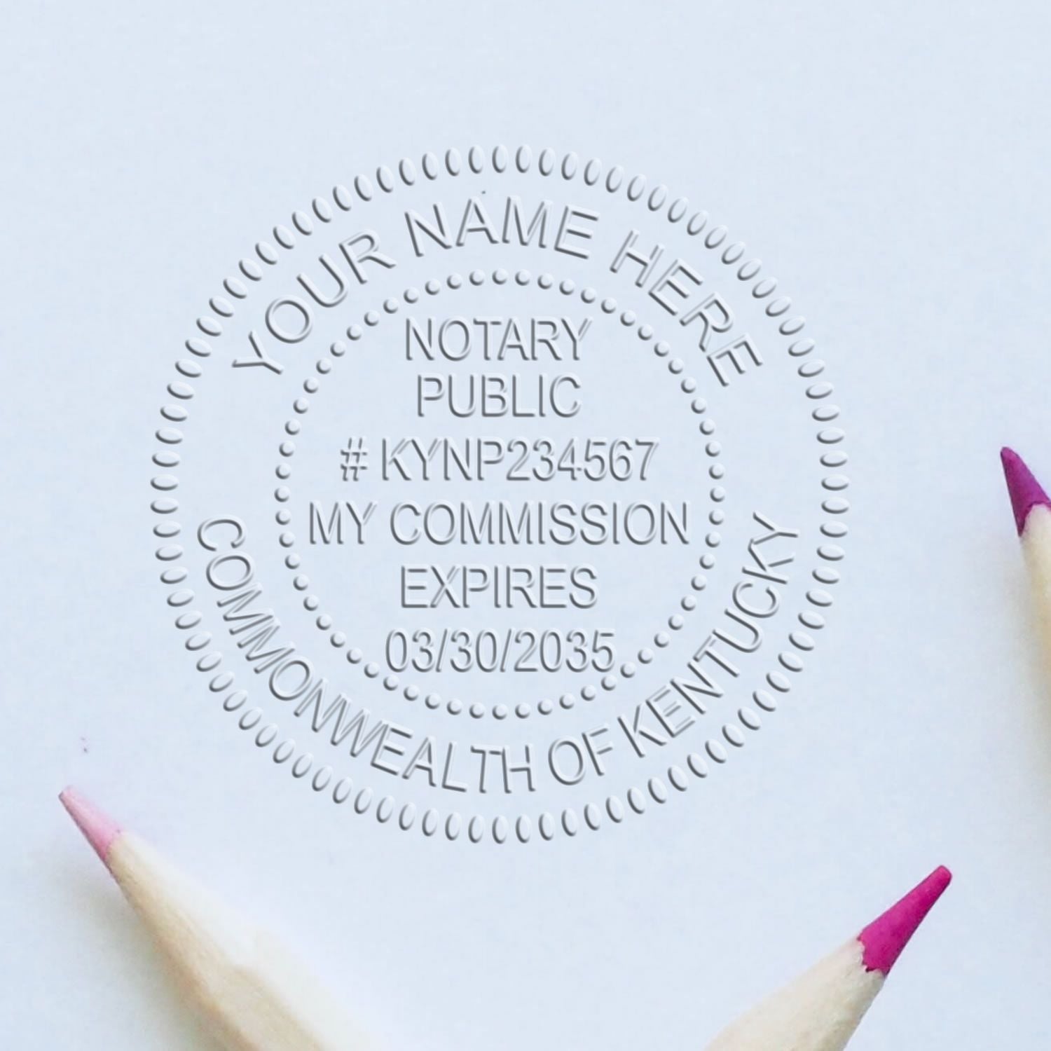 This paper is stamped with a sample imprint of the Pink Hybrid Kentucky Notary Embosser, signifying its quality and reliability.
