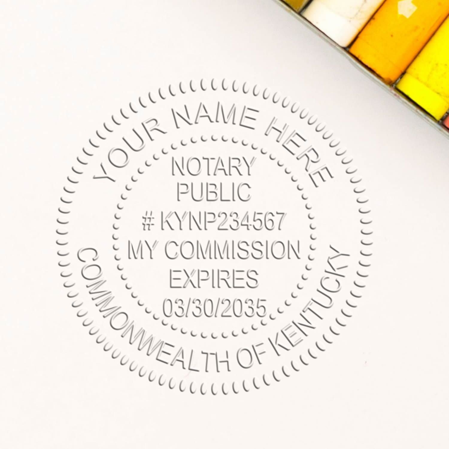This paper is stamped with a sample imprint of the Pink Hybrid Kentucky Notary Embosser, signifying its quality and reliability.