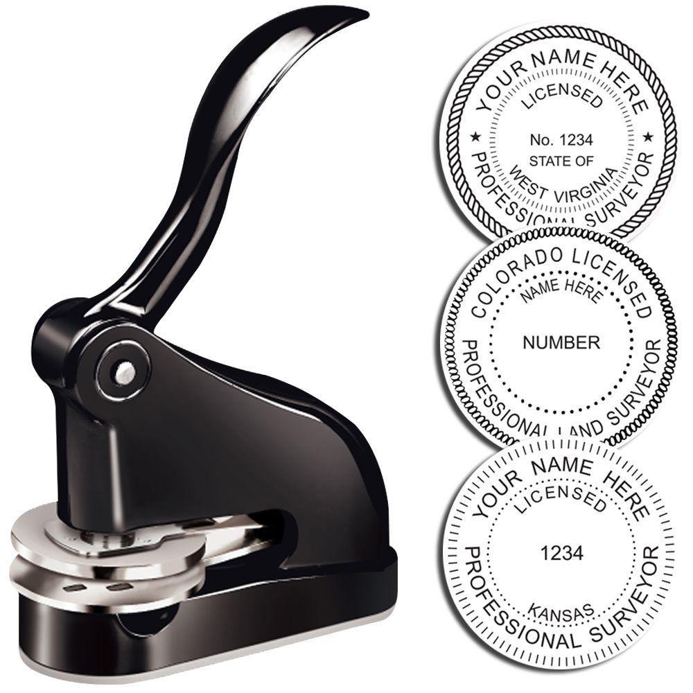 Land Surveyor Black Gift Seal Embosser with a sleek black handle and three sample embossed seals for professional surveyors.