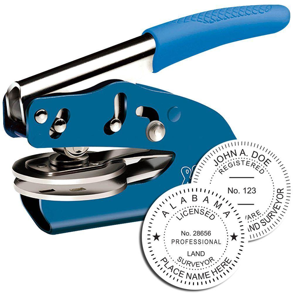 Land Surveyor Blue Soft Seal Embosser with a blue handle, shown with two sample embossed seals displaying professional land surveyor details.