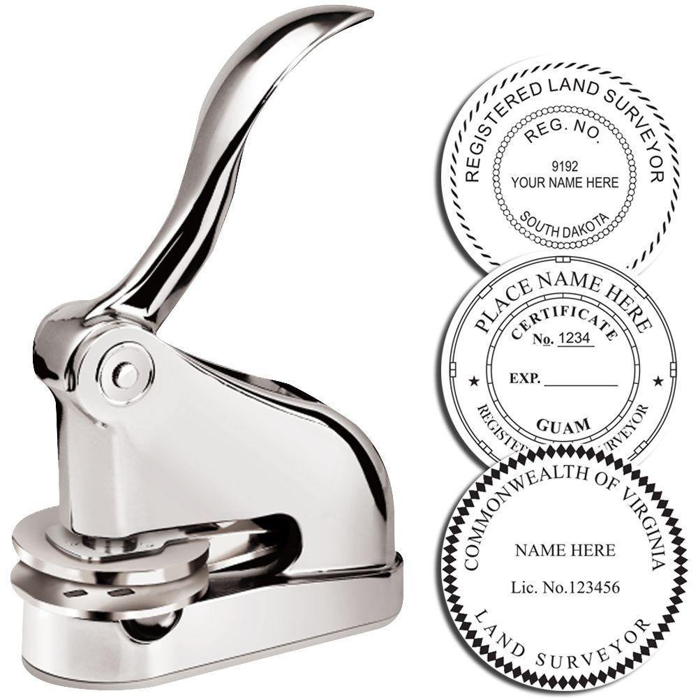 Land Surveyor Chrome Gift Seal Embosser with a sleek design, shown with sample embossed seals for different regions and customizable text options.