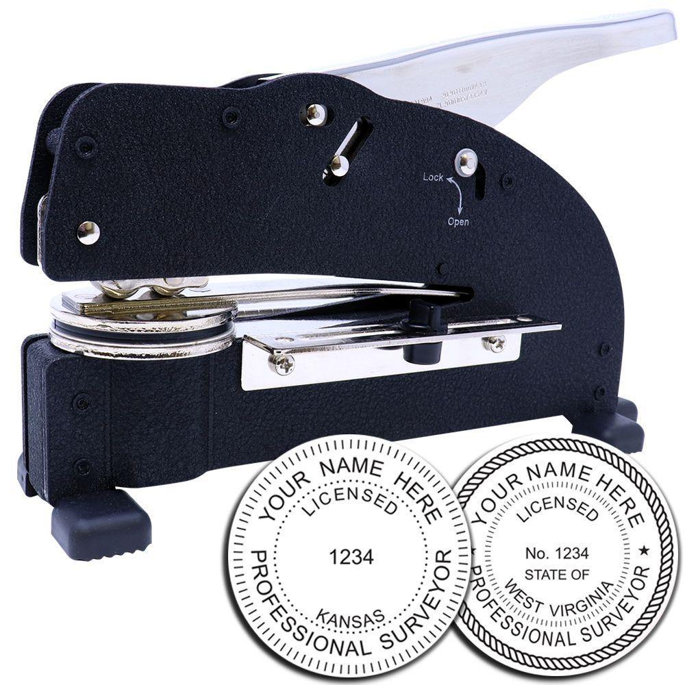 Land Surveyor Extended Long Reach Desk Seal Embosser with a black metal body, shown with two sample embossed seals for professional surveyors.