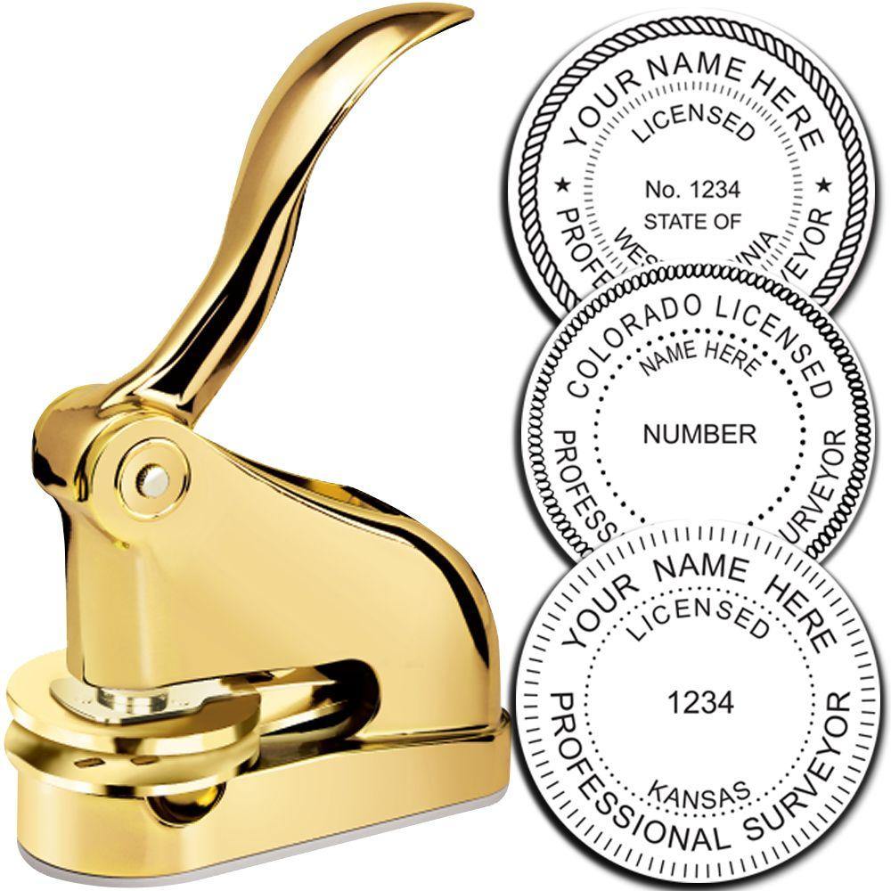 Land Surveyor Gold Gift Seal Embosser with a sleek gold finish, shown with three customizable seal designs for professional surveyors.