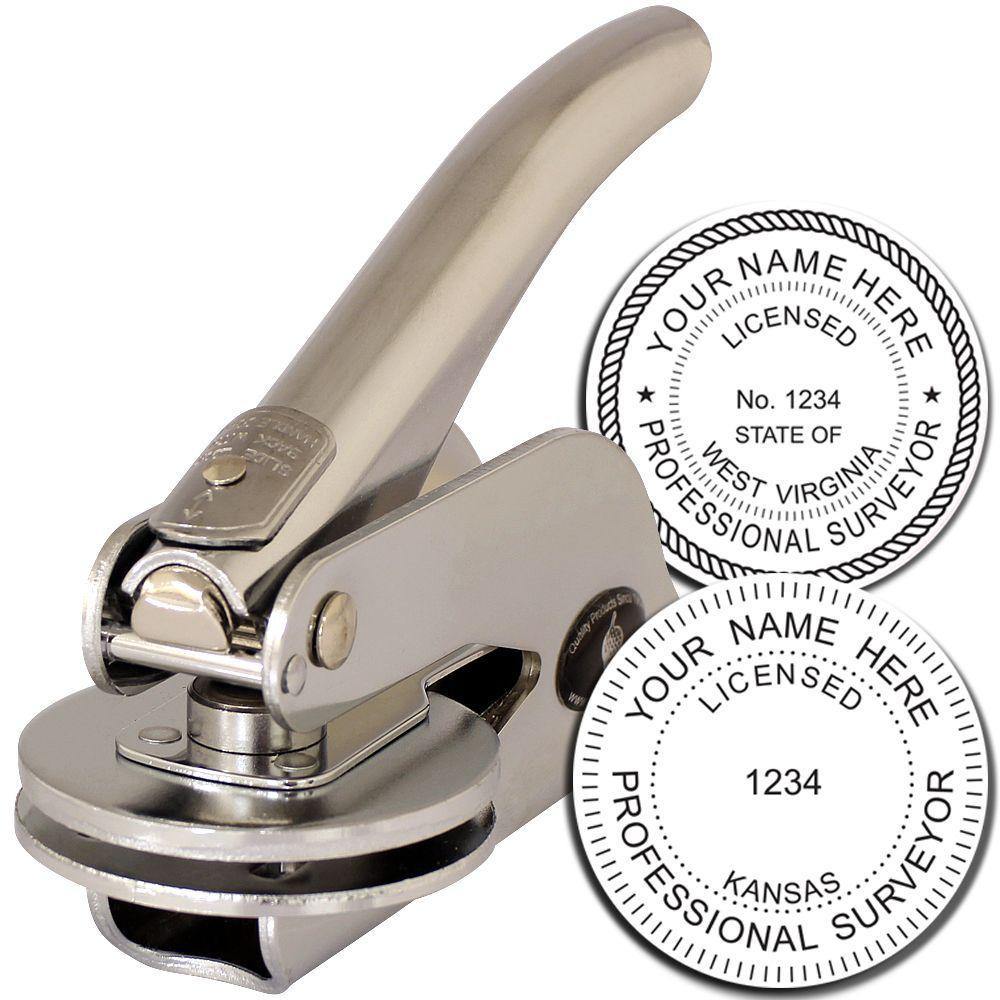 Land Surveyor Handheld Seal Embosser with a metallic finish, shown with two sample embossed seals for professional surveyors.
