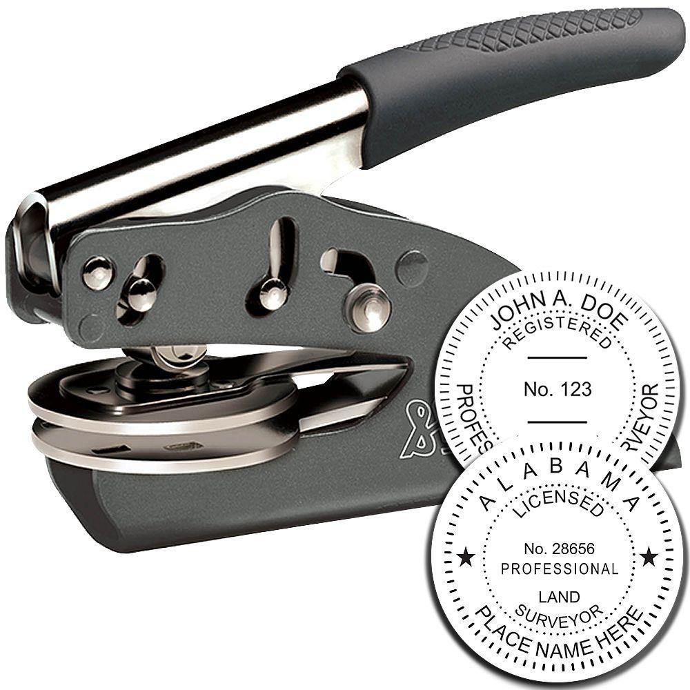 Land Surveyor Soft Seal Embosser with a black handle and metal body, shown with two sample embossed seals displaying professional details.