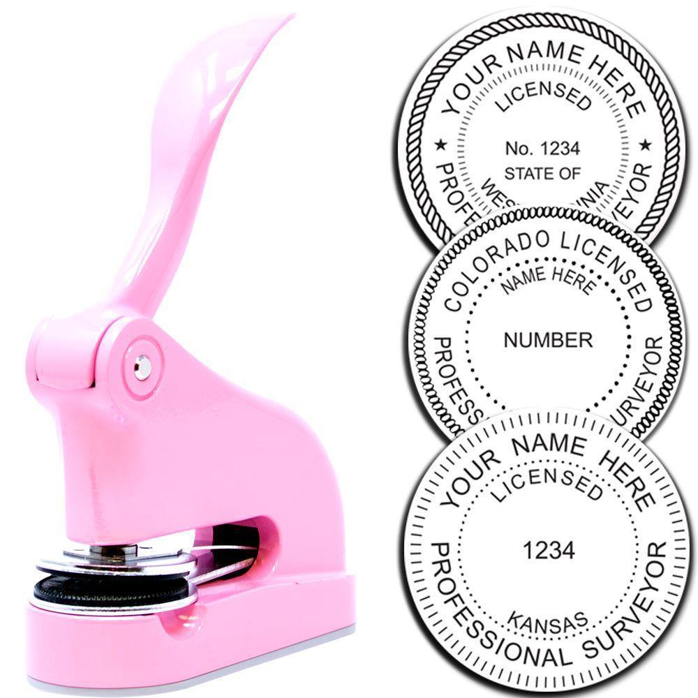 Land Surveyor Pink Gift Embosser with a sleek pink handle and customizable seal options for professional surveyors.