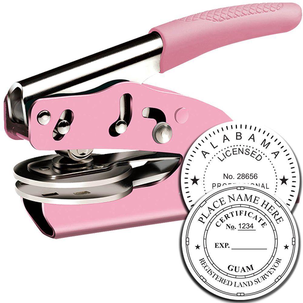 Land Surveyor Pink Soft Seal Embosser with a pink handle and metal components, shown with an example of an embossed certificate.