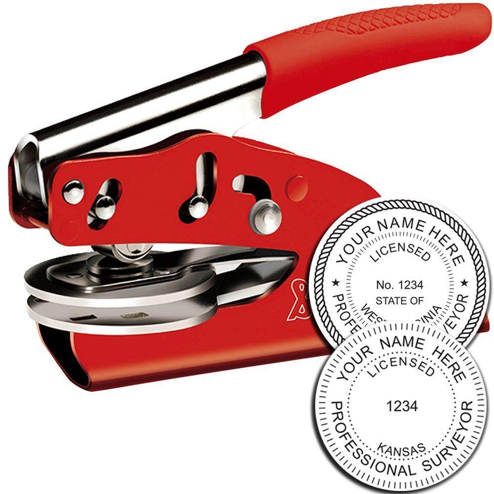 Land Surveyor Red Soft Seal Embosser with a red handle and metal body, shown with two sample embossed seals for professional surveyors.