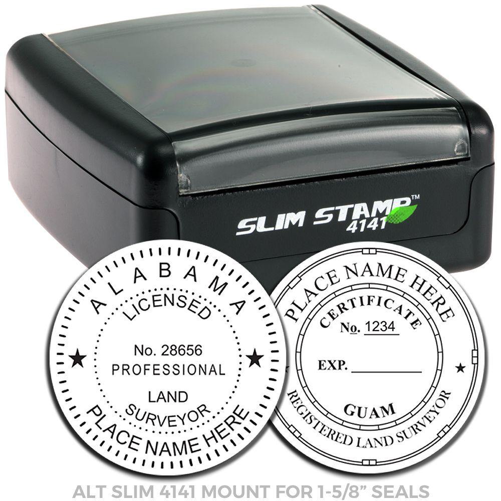 Land Surveyor Slim Pre-Inked Rubber Stamp of Seal with black casing and two customizable seal designs for professional use.