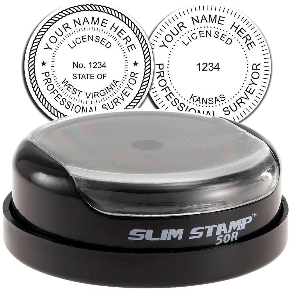 Land Surveyor Slim Pre-Inked Rubber Stamp of Seal, featuring a round design with customizable text, shown with two example seals.