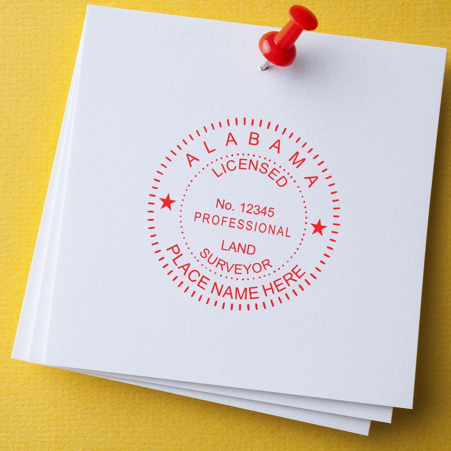 Land Surveyor Slim Pre-Inked Rubber Stamp of Seal in red ink on white paper, pinned to a yellow board, displaying professional credentials.