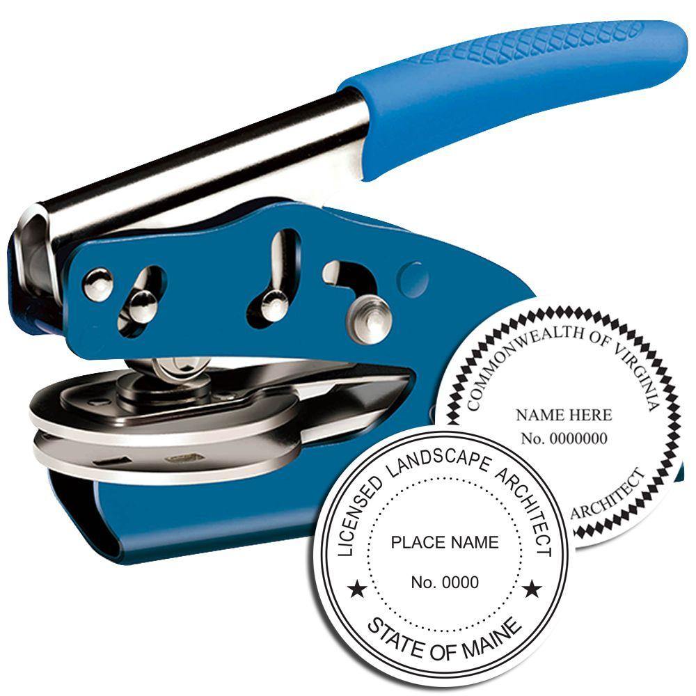 Landscape Architect Blue Soft Seal Embosser with a blue handle, shown with embossed sample seals for licensed landscape architects.