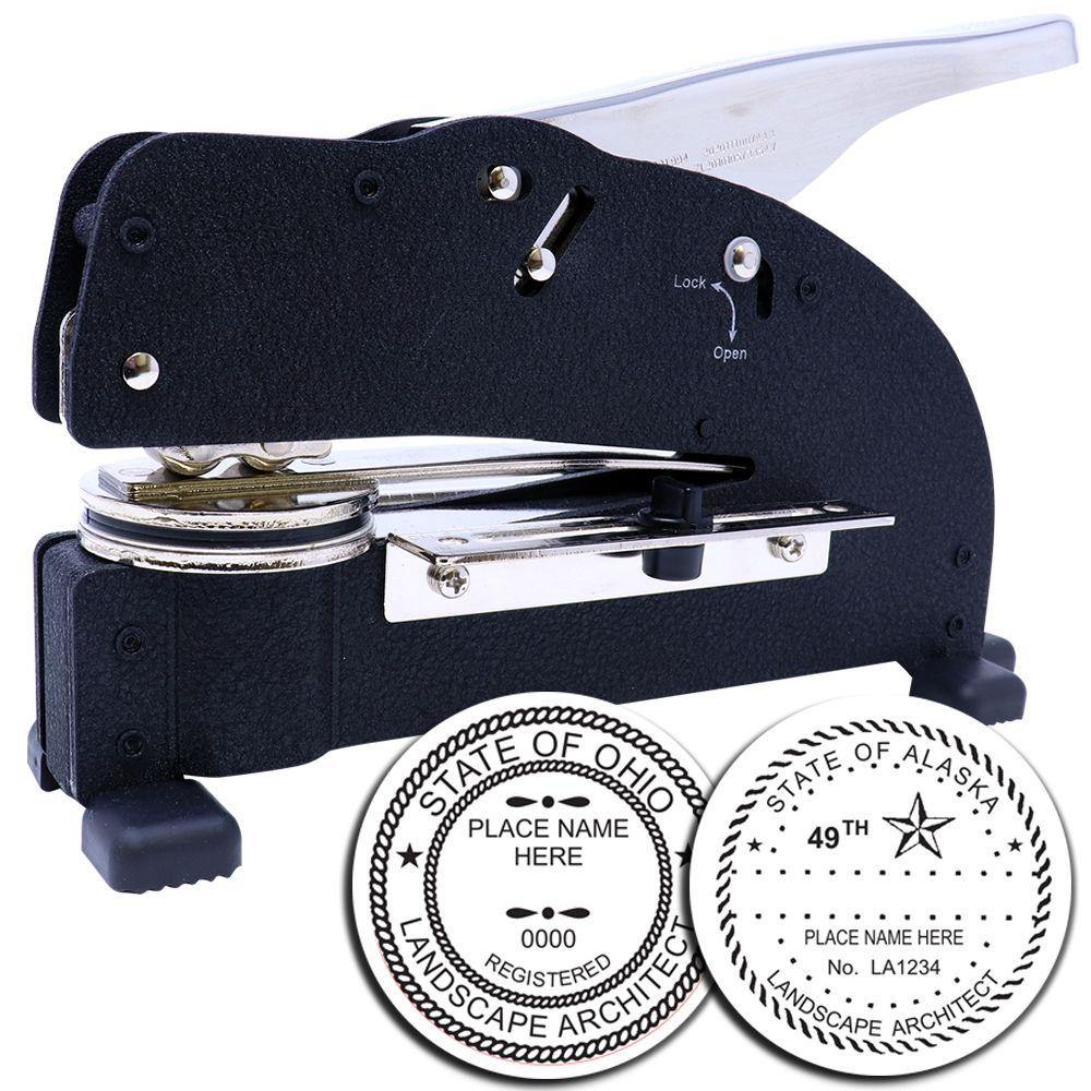 Landscape Architect Extended Long Reach Desk Seal Embosser, black with metal handle, shown with embossed seal examples for Ohio and Alaska.
