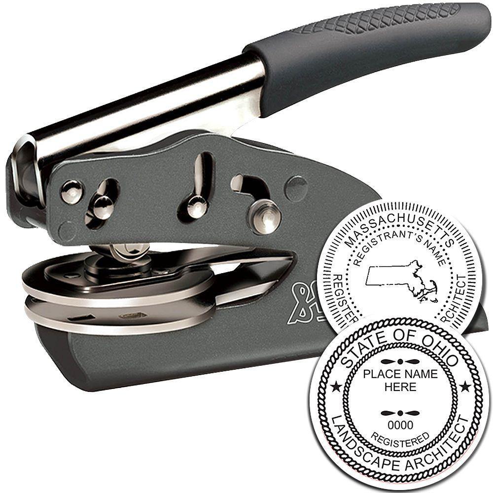 Landscape Architect Soft Seal Embosser, a handheld tool with a black handle, shown with embossed sample seals for Massachusetts and Ohio.