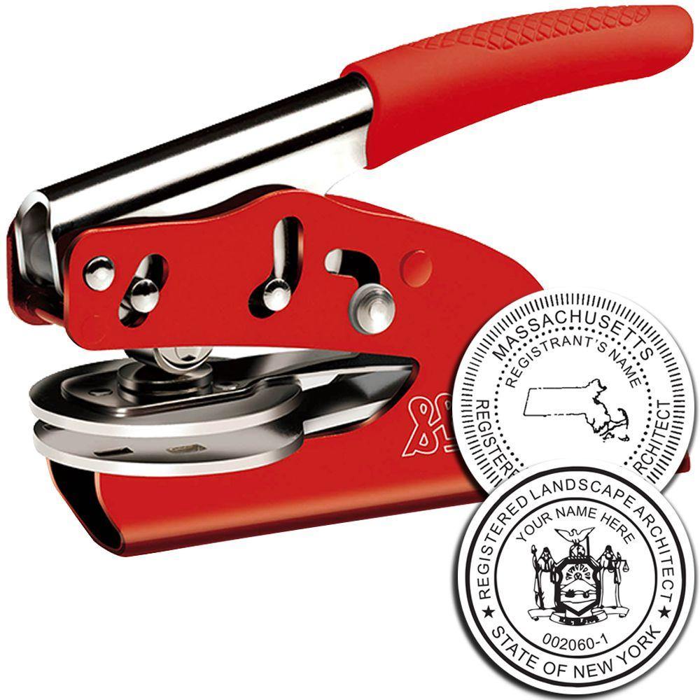 Red Landscape Architect Soft Seal Embosser with ergonomic handle and sample embossed seals for Massachusetts and New York.