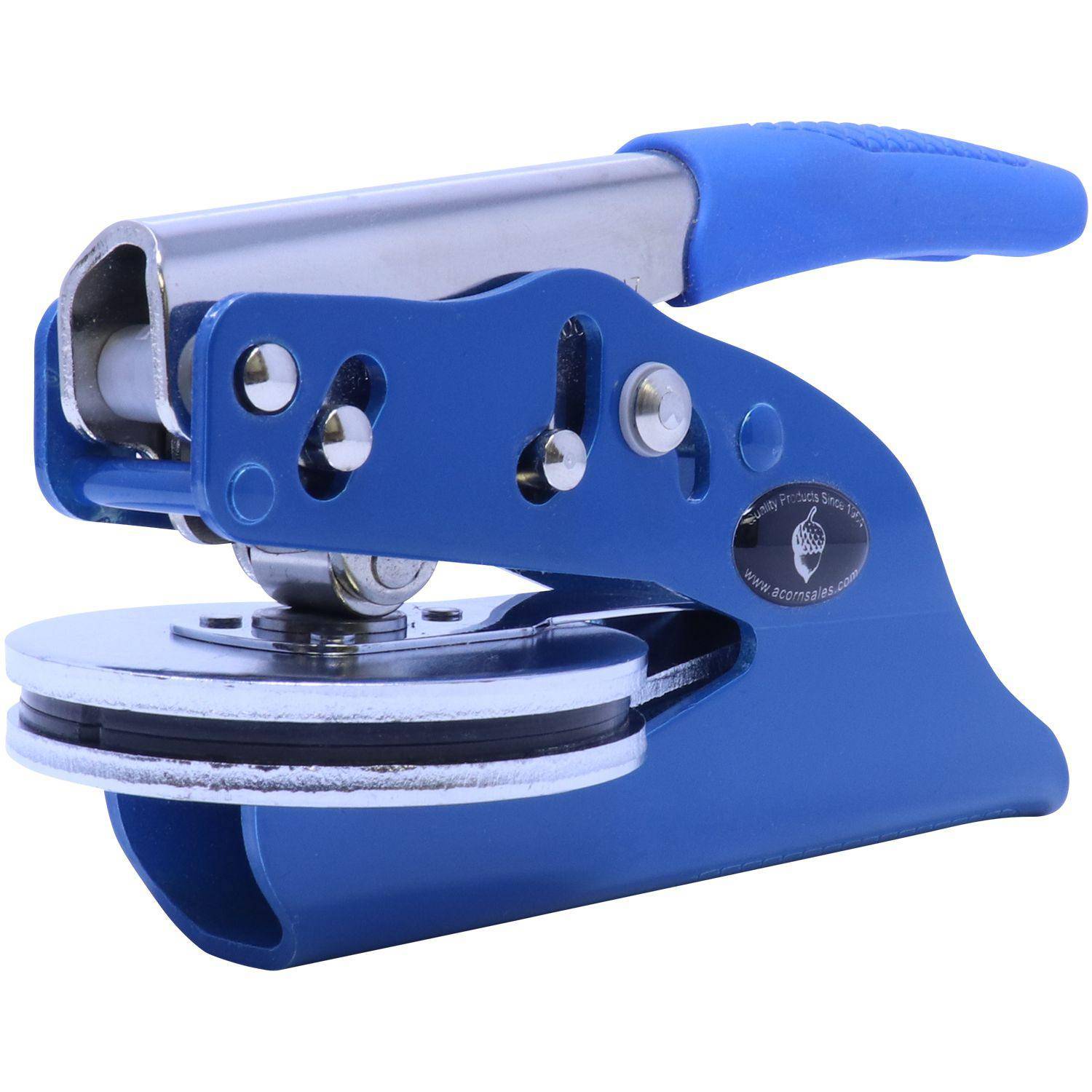Architect Blue Seal Handheld Embosser in blue, angled side front view, showing the metal embossing plates and ergonomic handle.