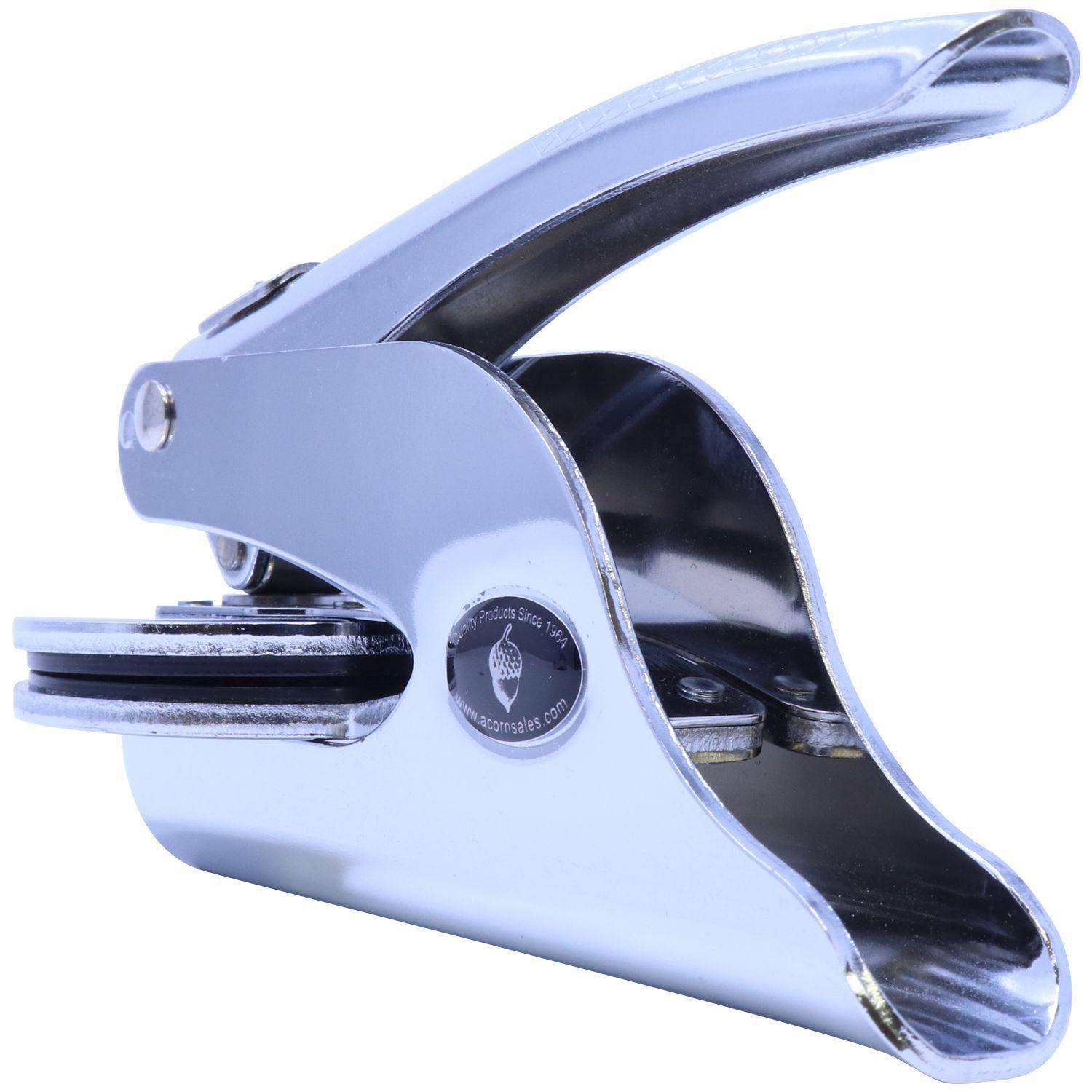 Architect Handheld Seal Embosser with a 2-inch imprint, shown from an angled side-right back view. The sleek, metallic design features a sturdy handle and a compact, portable structure.