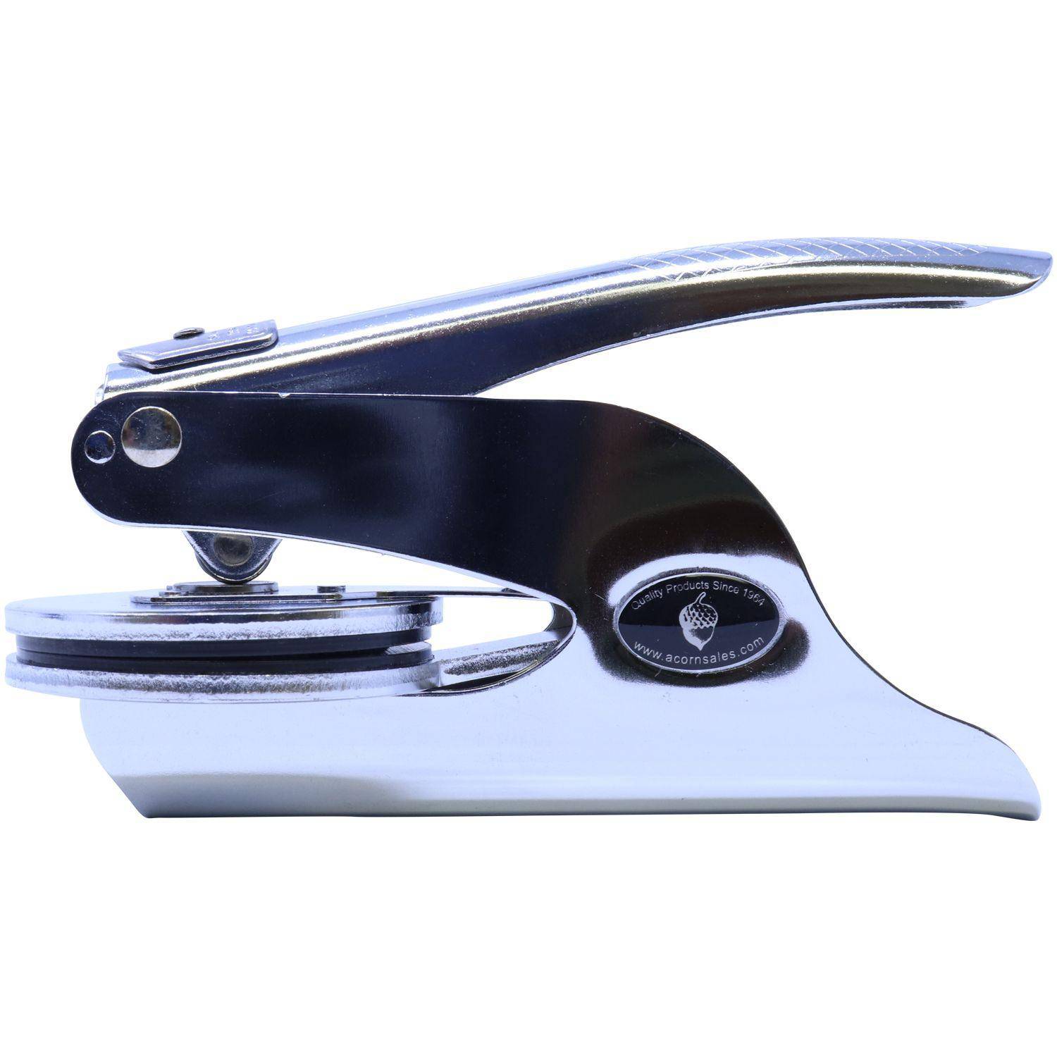 Side view of the Architect Handheld Seal Embosser with a sleek metallic finish, designed for creating precise imprints. The embosser features a sturdy handle and a 2-inch imprint area.