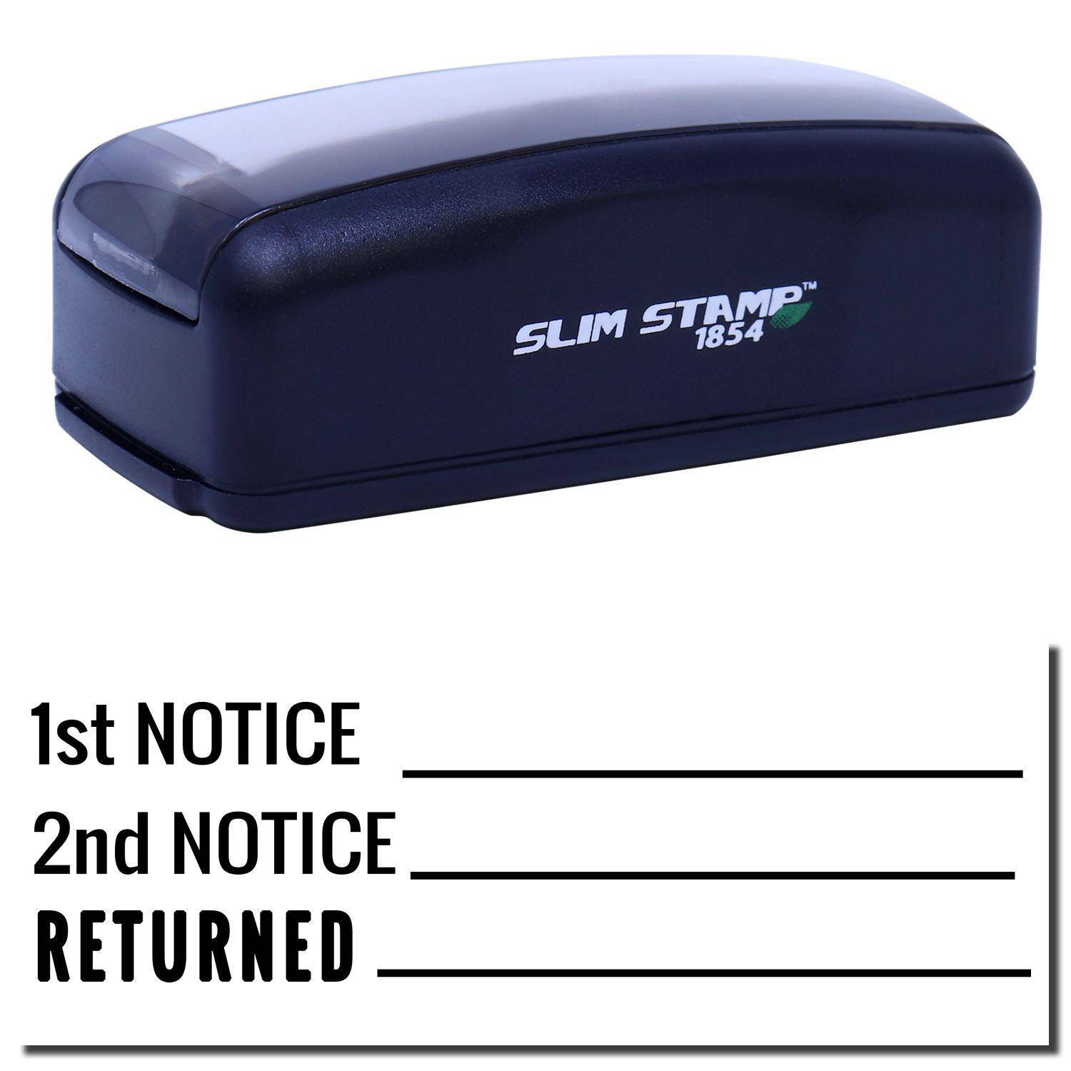 Large Pre-Inked 1st 2nd Notice Returned Stamp in black with SLIM STAMP 1854 branding, shown with sample stamped text.