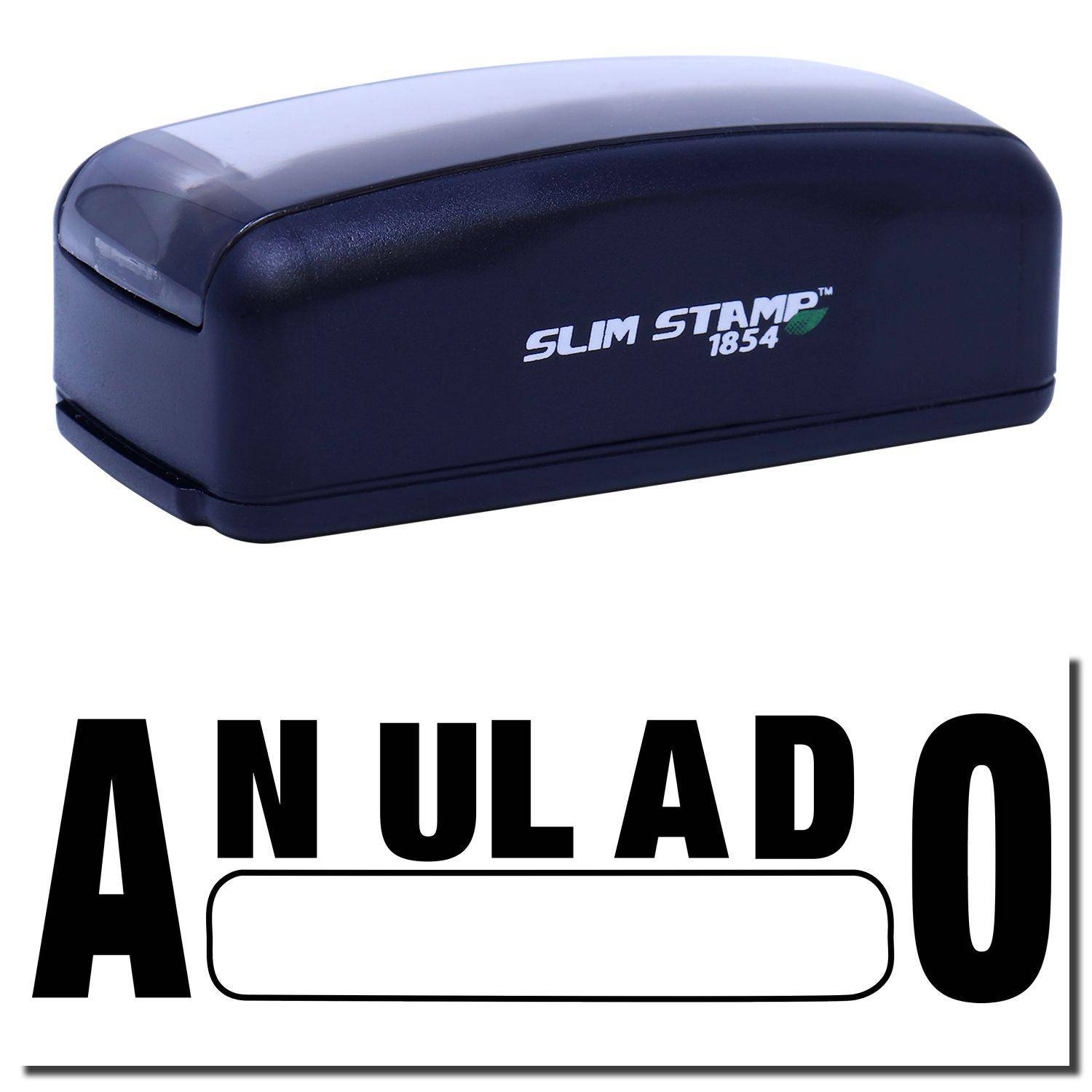 Large Pre-Inked Anulado Stamp in black with ANULADO text imprint, featuring a sleek, compact design for efficient stamping.