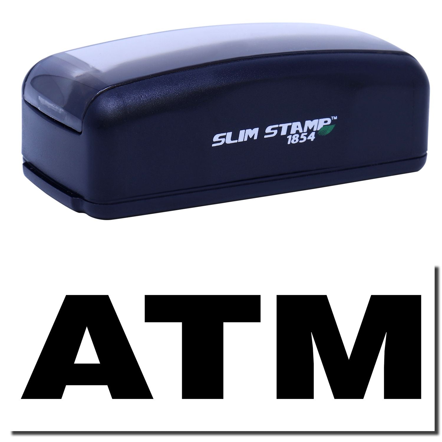 A stock office pre-inked stamp with a stamped image showing how the text ATM in a large font is displayed after stamping.