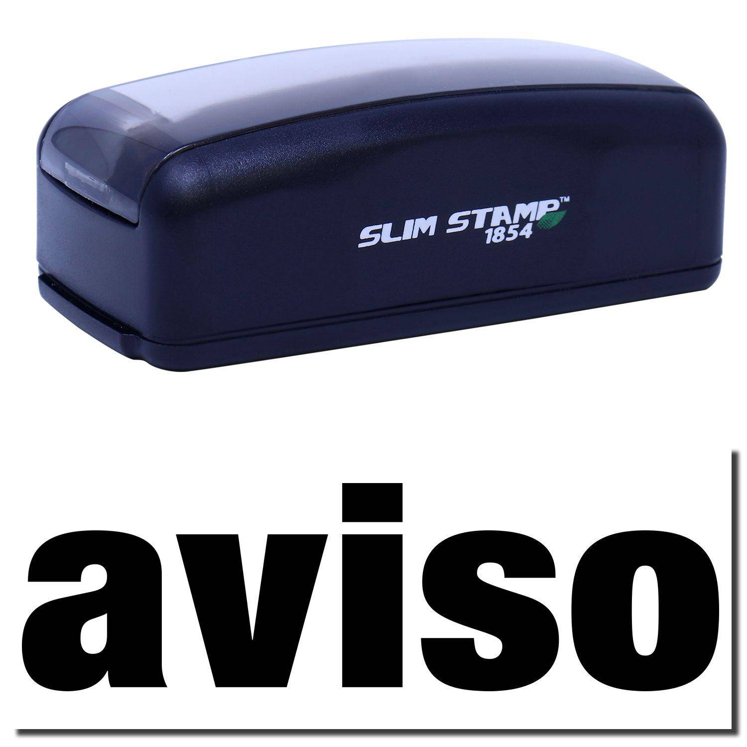 Large Pre-Inked Aviso Stamp in black with SLIM STAMP 1854 branding, shown above a bold aviso text.