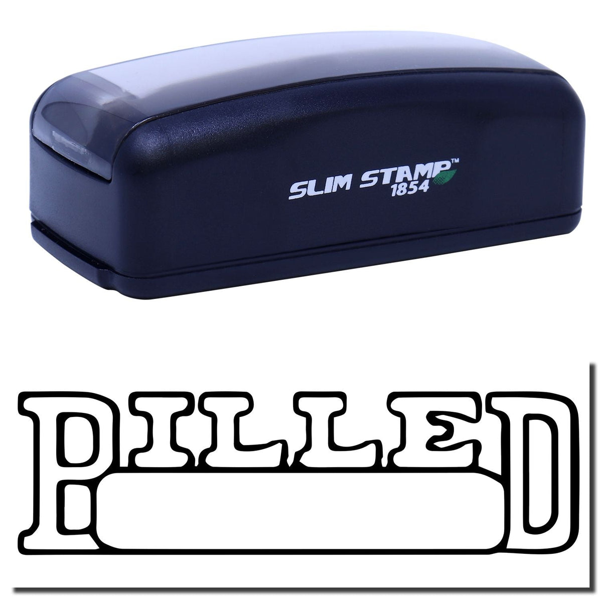 A stock office pre-inked stamp with a stamped image showing how the text &quot;BILLED&quot; in a large outline font with a date box is displayed after stamping.