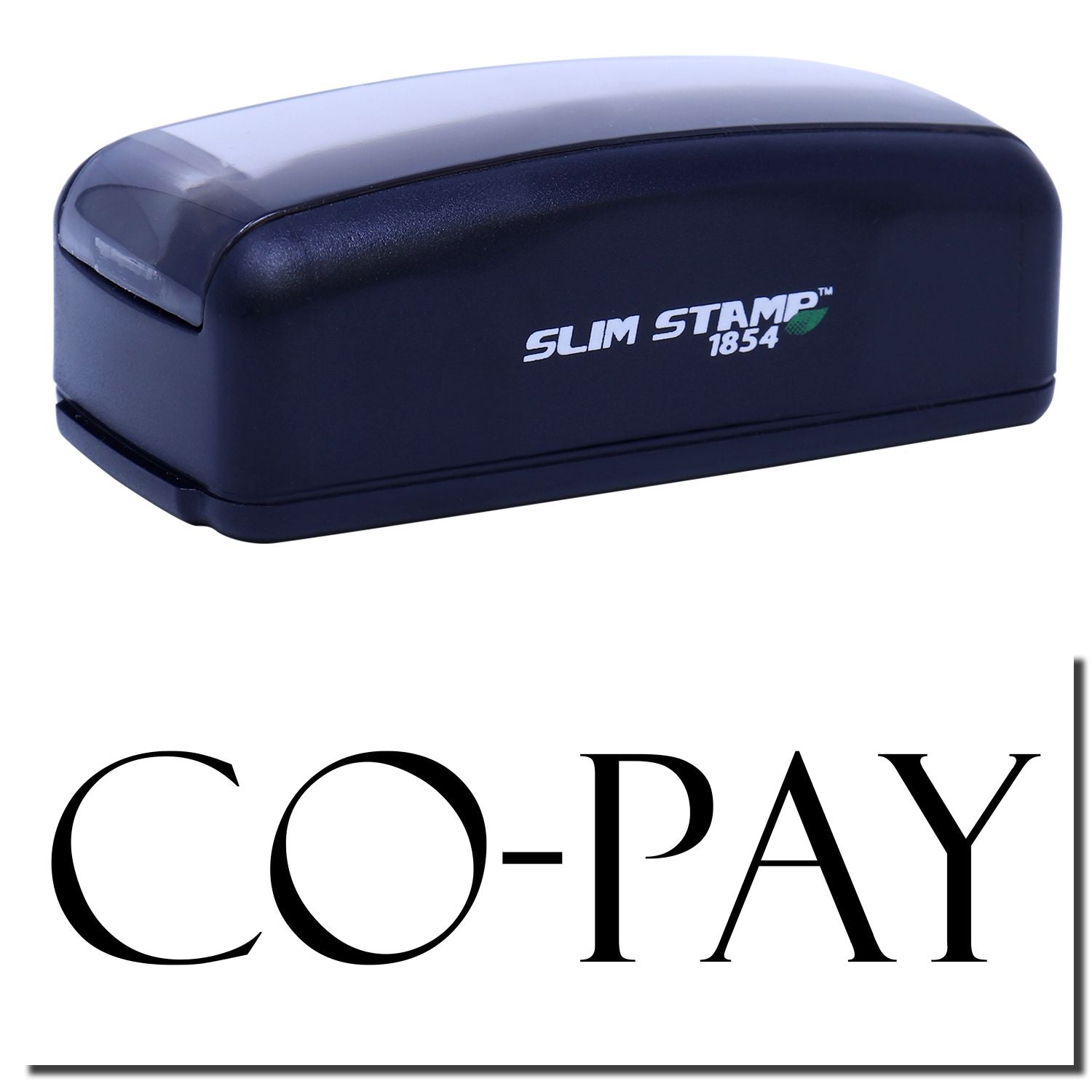 A stock office pre-inked stamp with a stamped image showing how the text "CO-PAY" in a large font is displayed after stamping.