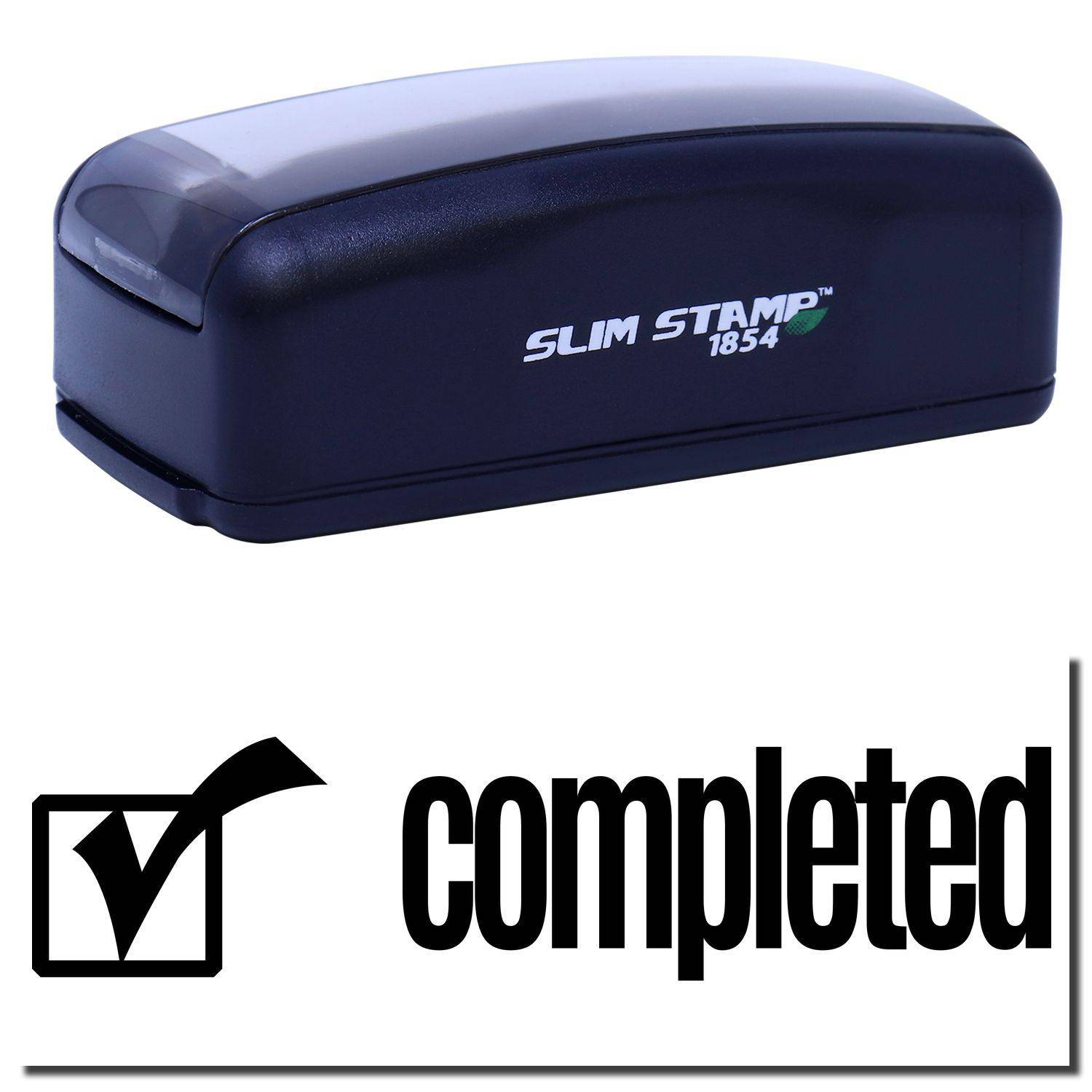 Large Pre-Inked Completed with Checkbox Stamp in black, featuring a sleek design and a clear completed mark with a checkbox.