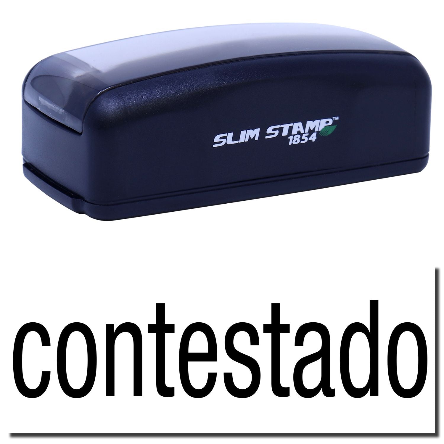 A stock office pre-inked stamp with a stamped image showing how the text "contestado" in a large font is displayed after stamping.