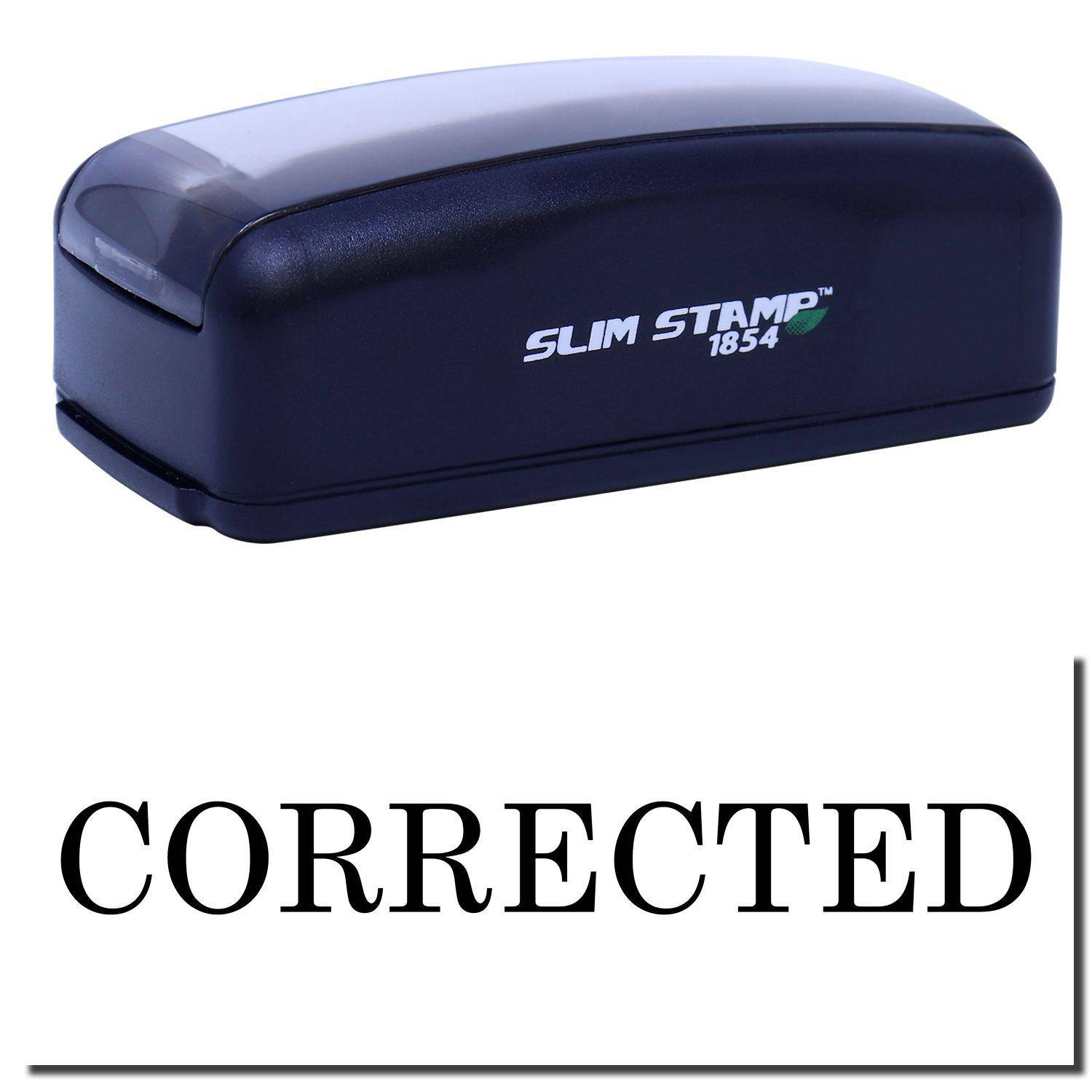 Large Pre-Inked Corrected Stamp in black with CORRECTED text imprint, featuring a sleek, compact design for efficient document marking.