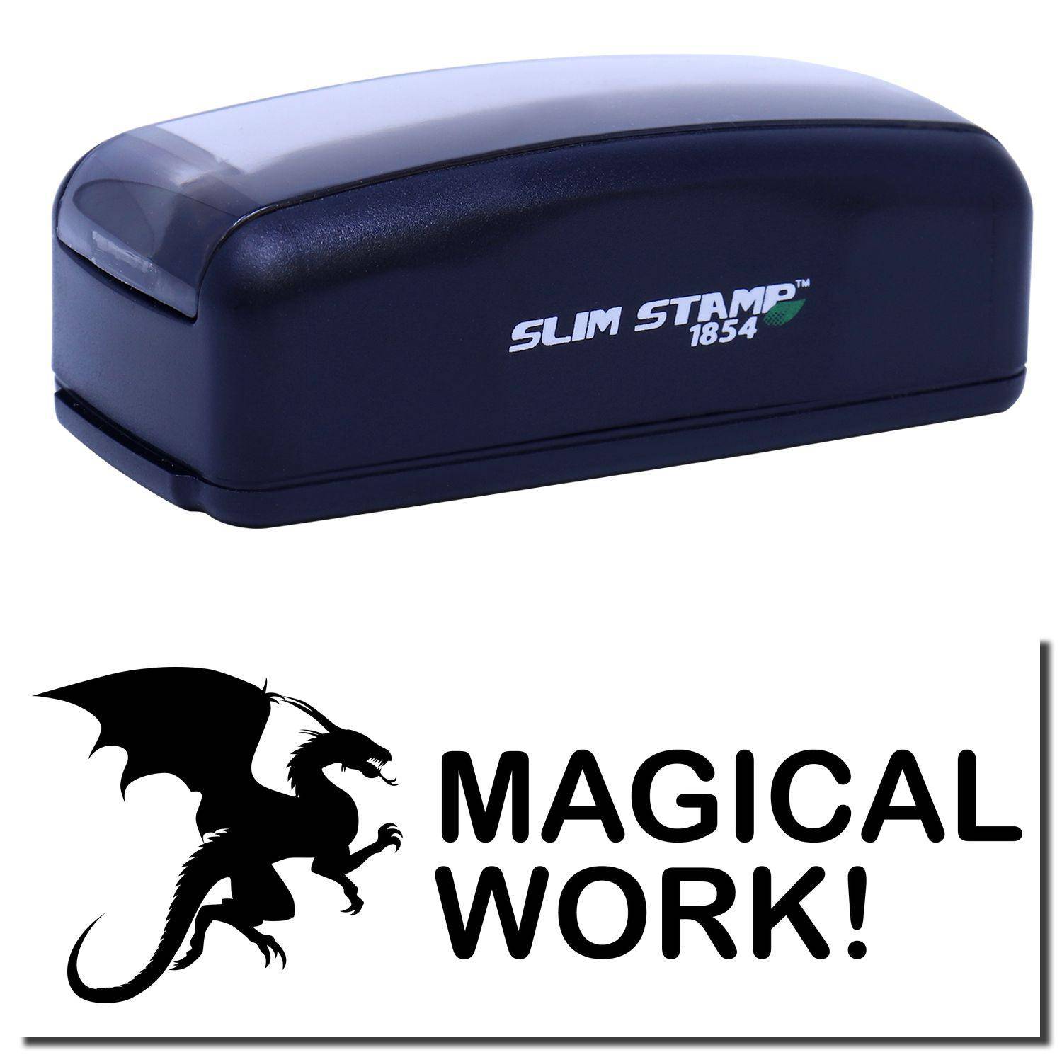 Large Pre-Inked Dragon Magical Work Stamp in black, featuring a dragon graphic and the text MAGICAL WORK! below the stamp.