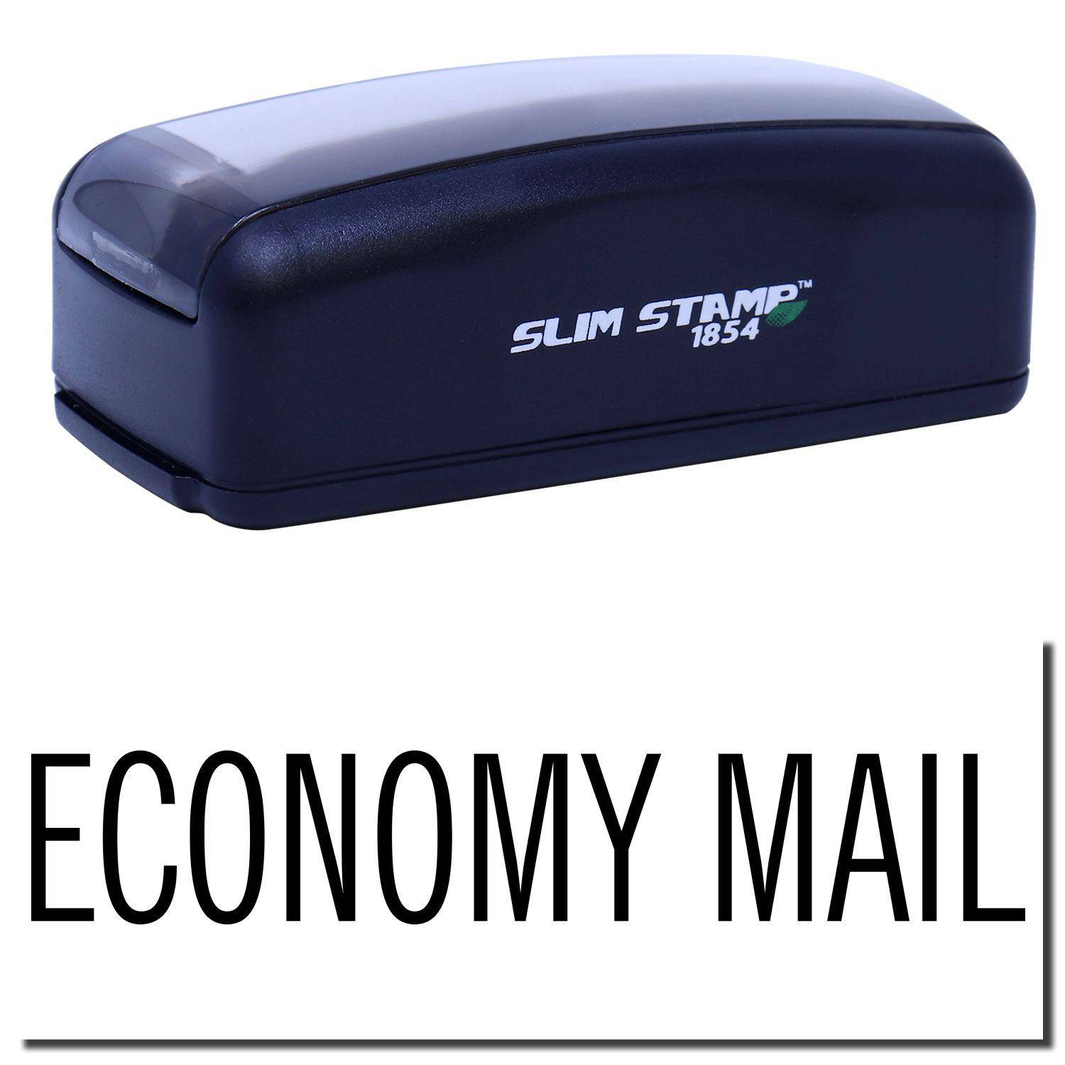 Large Pre-Inked Economy Mail Stamp in black with SLIM STAMP 1854 branding, shown with the text ECONOMY MAIL stamped below.