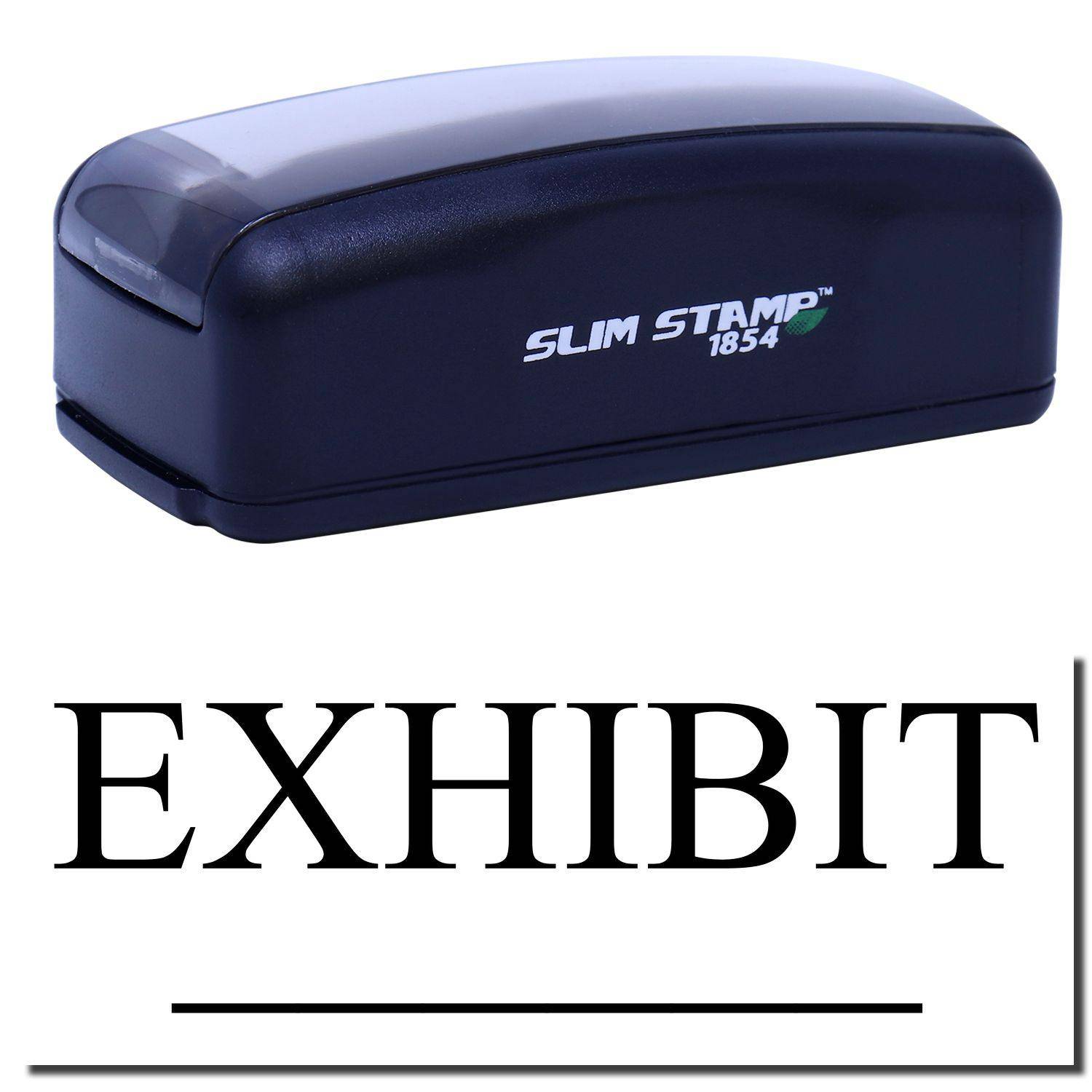 Large Pre-Inked Exhibit Stamp in black with EXHIBIT text imprint, featuring a compact design and SLIM STAMP 1854 branding.