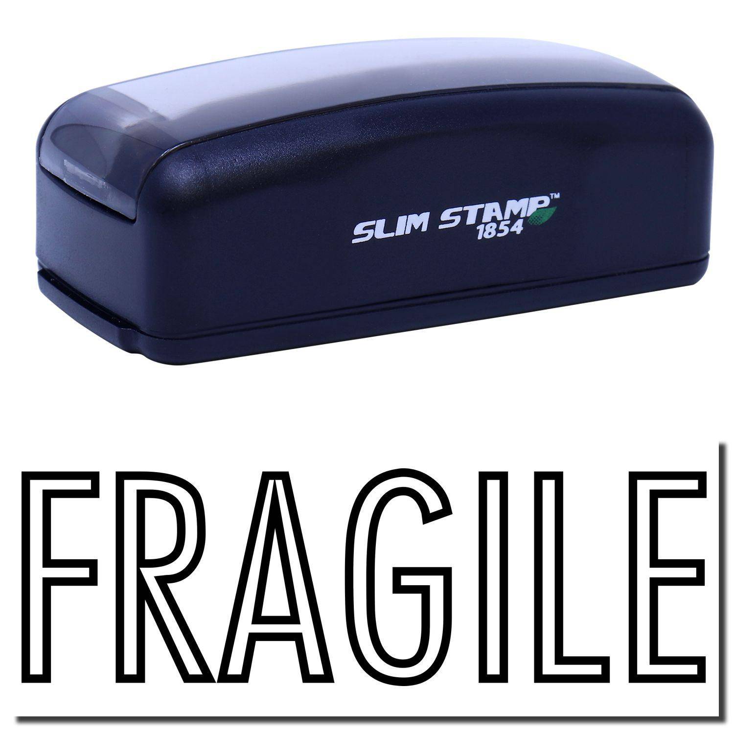 Large Pre-Inked Fragile Stamp with black casing and SLIM STAMP 1854 branding, shown above the word FRAGILE in bold letters.