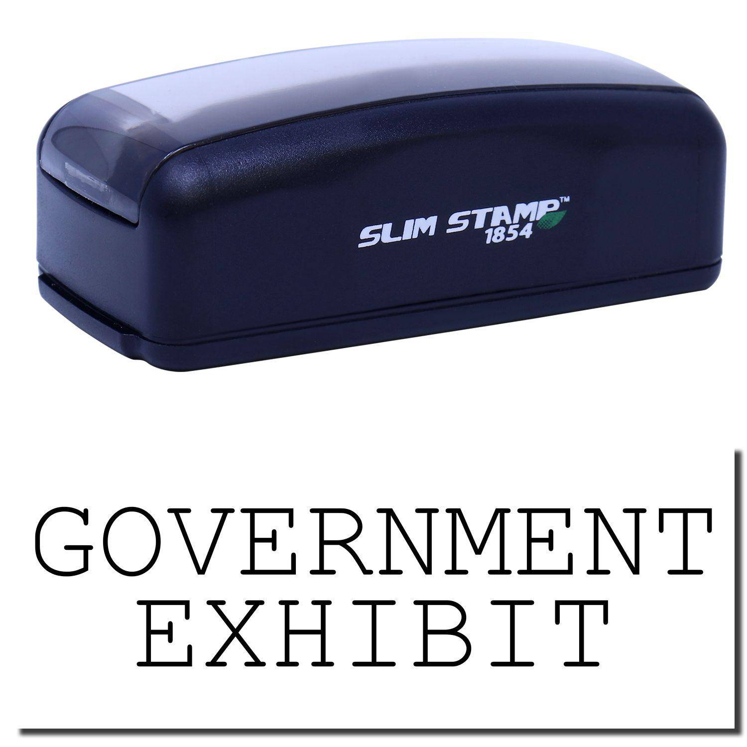 Large Pre-Inked Government Exhibit Stamp with black casing and SLIM STAMP 1854 branding, shown above a stamped GOVERNMENT EXHIBIT text.