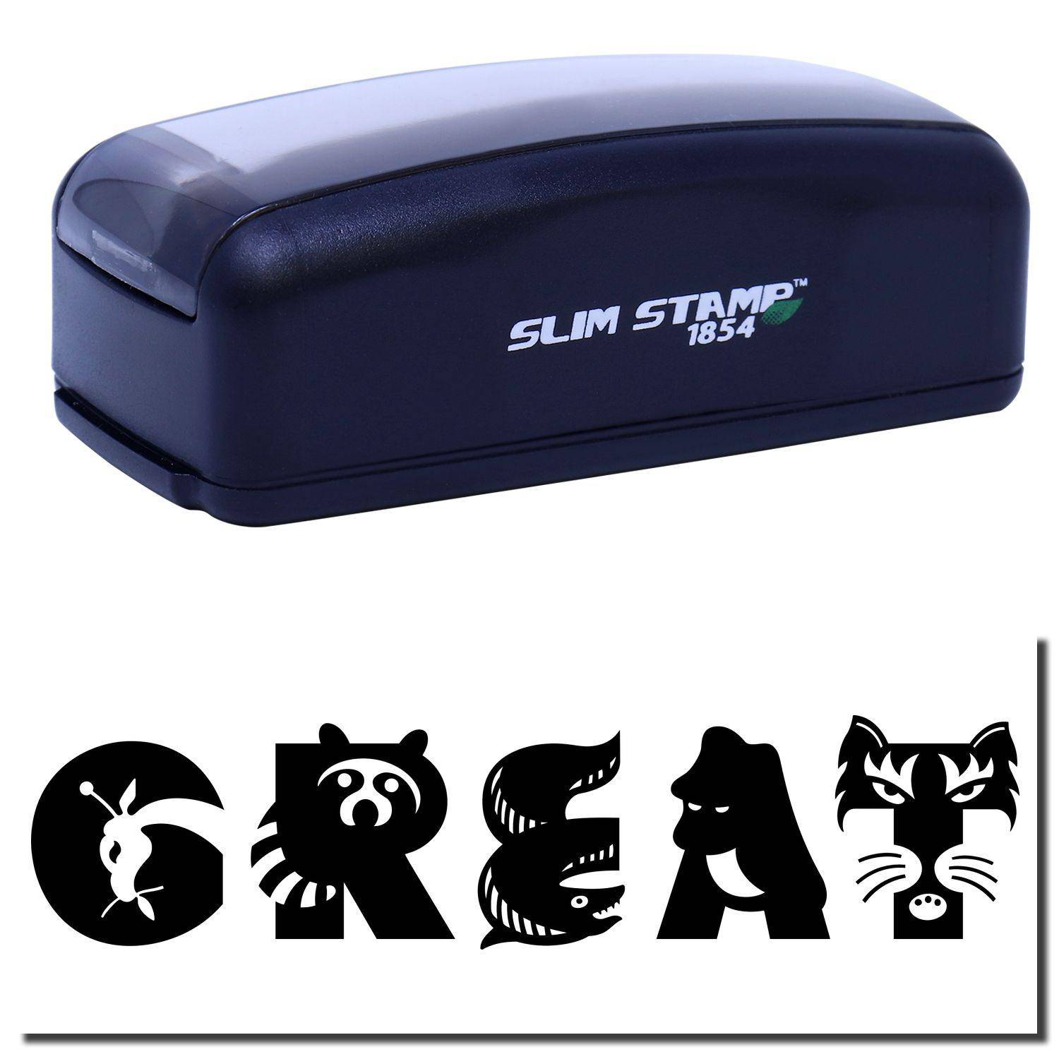 Large Pre-Inked Great Stamp in black with SLIM STAMP 1854 text, shown above the word GREAT in creative animal-themed letters.
