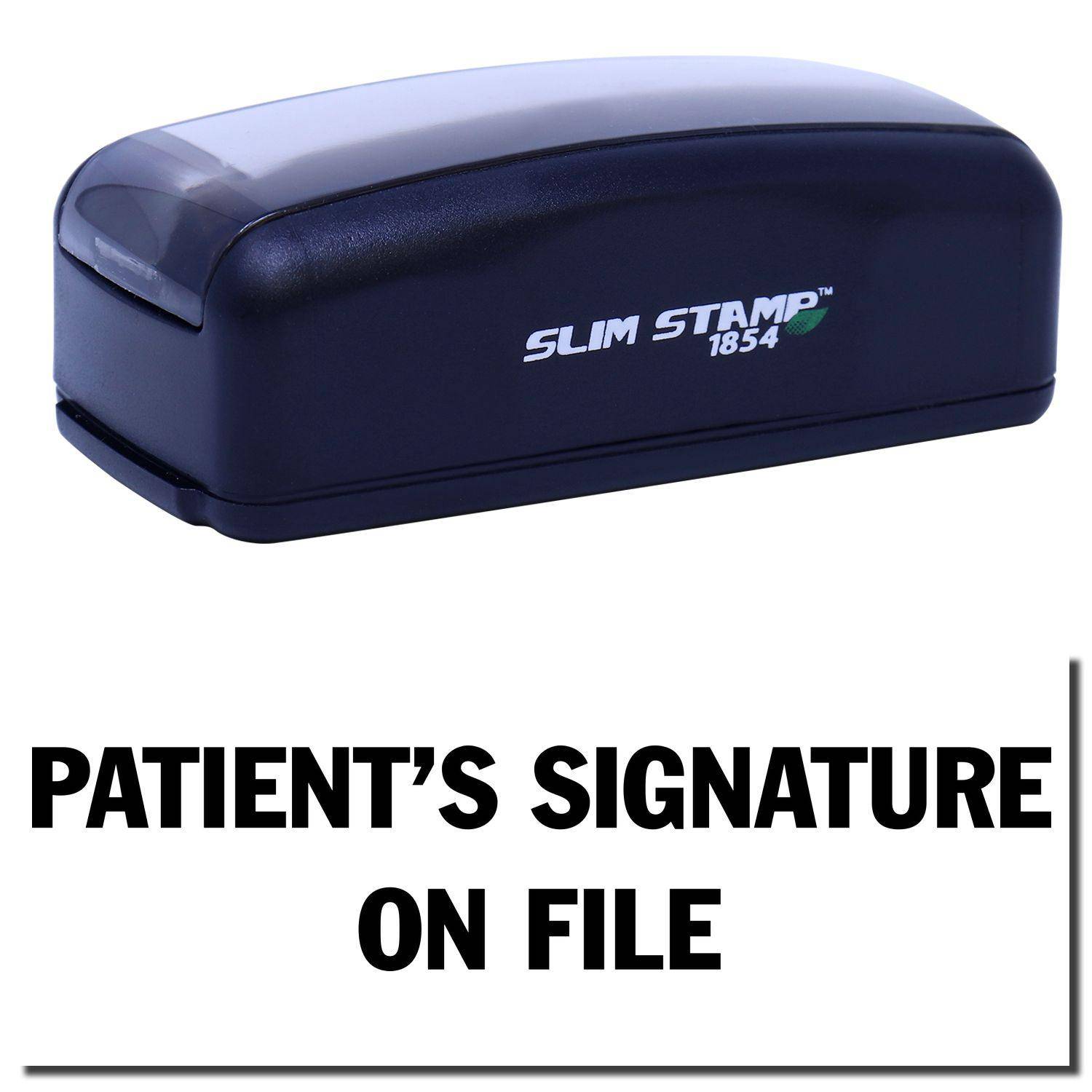 Image of a Large Pre-Inked Patient's Signature on File Stamp in black, with the text PATIENT'S SIGNATURE ON FILE displayed below.
